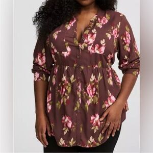 Torrid Emma Babydoll Tunic Blair Floral Burgundy Pink Long Sleeve Top Size 0 NWT